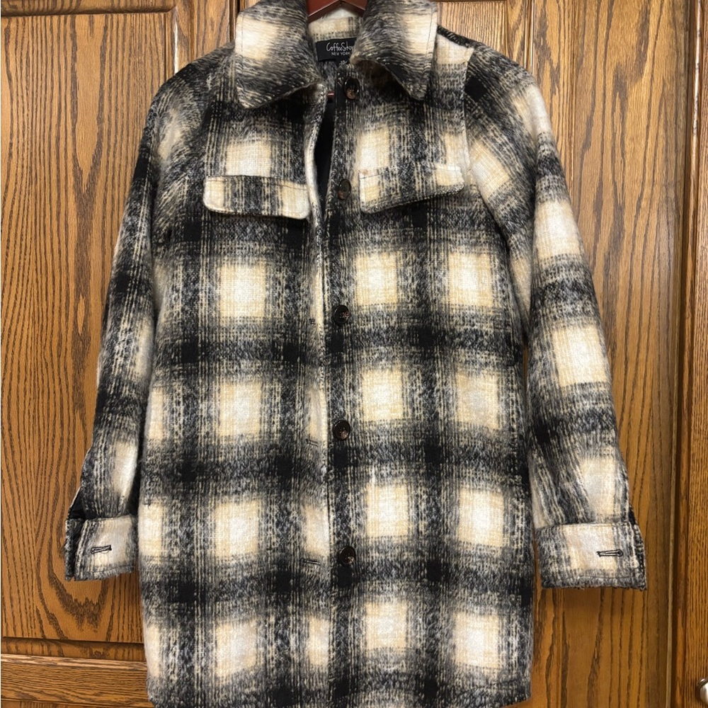 CoffeeShop Women's Plaid Pea Coat - Blue and Cream